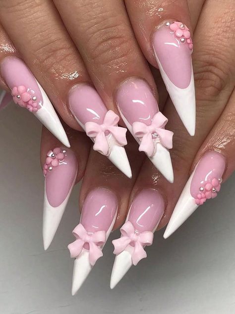 24PCS Cute Style Long Pointed False Nail Set With White French, Pink Flower, White Pearl, Rhinestone, Pink Bowknot 3D Design (With 1 Nail File And 1 Jelly Gel) Suitable For Women Daily Wear, Party And Wedding Press On Nails Nail SuppliesI discovered amazing products on SHEIN.com, come check them out! Pink And White Bow Nails, Pink And White Stiletto Nails, Pink Birthday Nail Designs, Stiletto Nails Ideas, Pointed Nail Designs, White Stiletto Nails, Pink Stiletto Nails, Birthday Nail Designs, Long Almond Nails