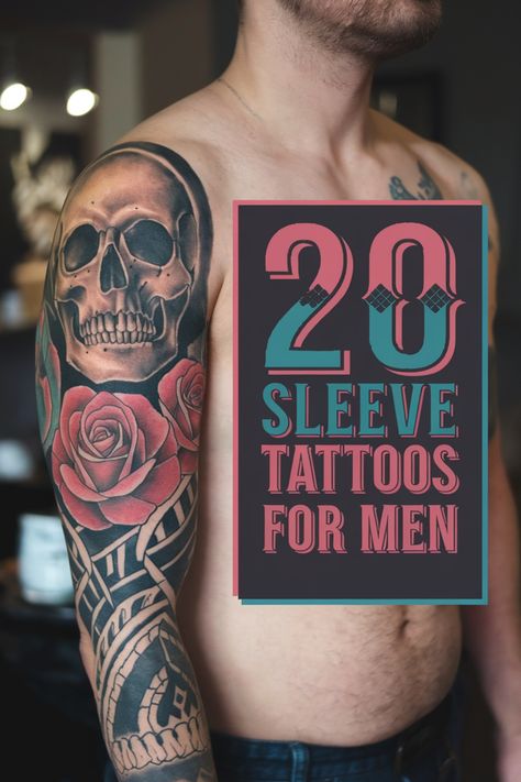 Man with a detailed sleeve tattoo featuring a skull and roses, accompanying text: "28 Sleeve Tattoos for Men". Mix Tattoo Styles Sleeve, Front Arm Tattoo Men Sleeve, Car Sleeve Tattoo, Upper Half Sleeve Tattoos For Guys, Outer Forearm Tattoo Men Unique, Tattoos Men Ideas, Mens Tattoo Sleeves, Sleeve Tattoos Mens Arm, Men Sleeve Tattoo Ideas