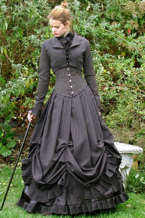 pinstripe victorian wedding dress custom made for you Victorian Steampunk Wedding, Victorian Gothic Wedding, Dark Academia Aesthetic Outfit, Steampunk Wedding Dress, Victorian Skirt, Victorian Halloween, Victorian Wedding Dress, Steampunk Festival, Victorian Corset