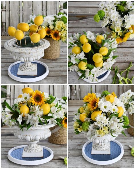 Summer Arrangements, Italian Flower Arrangements, Lemon Flower Arrangements, Flower Arragement, Italian Flowers, Lemon Centerpieces, Lemon Themed Bridal Shower, Fruit Centerpieces, Summer Flower Arrangements