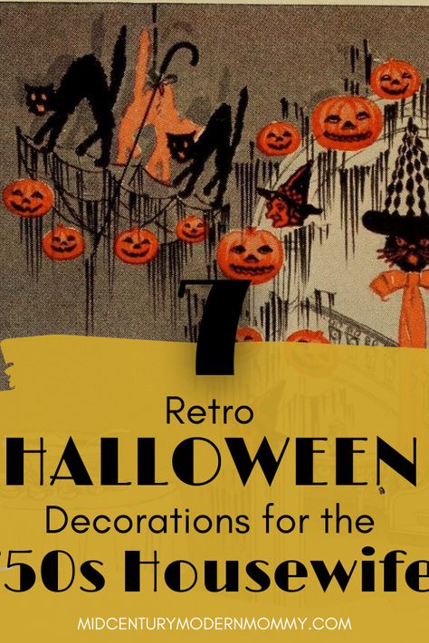 Do you love the look of those vintage Halloween parties on Pinterest? Get your own old-fashioned Halloween party decor for your '50s Housewife Halloween parties! Vintage Halloween Photo Backdrop, Spooky Vintage Halloween Decor, Old Time Halloween Decorations, Midcentury Halloween Decor, Kitsch Halloween Decor, Outdoor Vintage Halloween Decor, Vintage Inspired Halloween Crafts, Vintage Halloween Yard Decor, Retro Halloween Decorations Diy