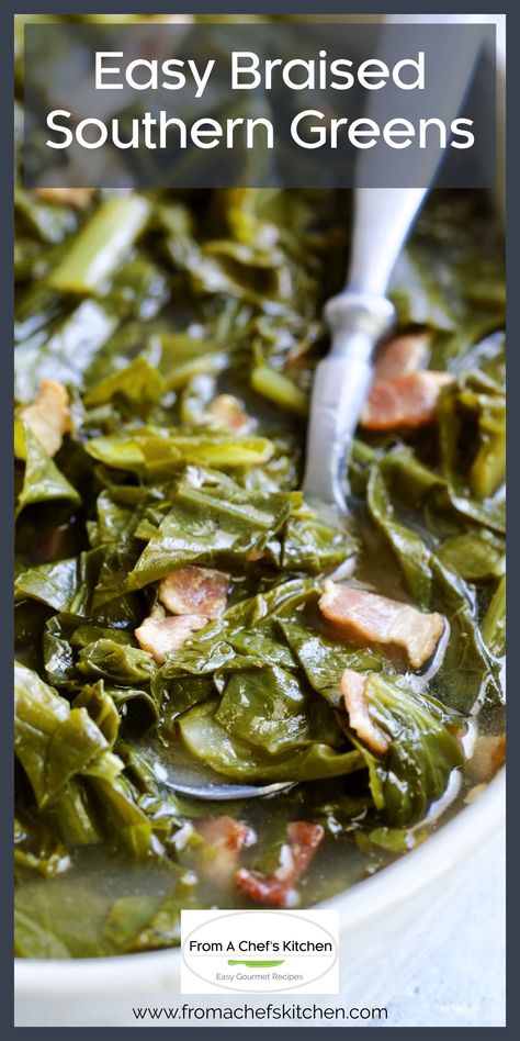 Easy Braised Southern Greens with Bacon in white bowl with serving spoon. Southern Greens Recipe, How To Cook Turnips, Braised Greens, Southern Greens, Swiss Chard Recipes, Chard Recipes, Easy Mediterranean Diet Recipes, Easy Bacon, Vegetable Side Dishes Recipes