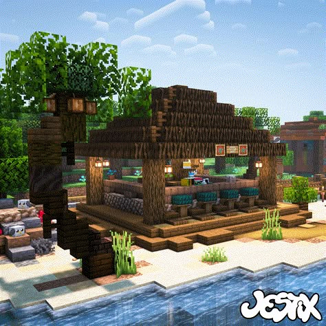 minecraft beach bar Minecraft Seafood Restaurant, Minecraft Tropical Island, Minecraft Tropical House, Minecraft Beach Hut, Minecraft Beach Ideas, Minecraft Tropical, Bar Minecraft, Minecraft Pool, Minecraft Beach