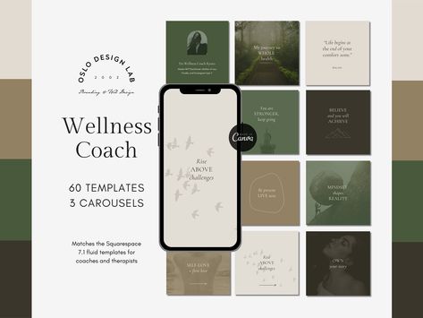 Coaching Business Instagram Canva Templates for Wellbeing Coaches in Aesthetic Green Earth Tones Wellness Coaches, Life Coaches, Mindfulness Squarespace Website Templates, Instagram Canva, In Aesthetic, Aesthetic Green, Green Earth, Squarespace Website, Social Media Templates, Wellness Coach, Instagram Business