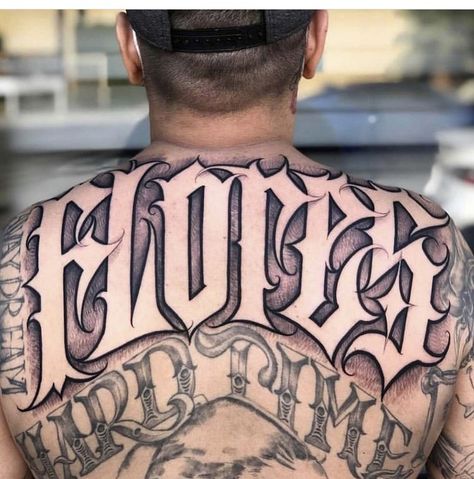 South Side Tattoo Lettering, Back Lettering Tattoo Men, Negative Lettering Tattoo, Back Name Tattoo, Tattoo Lettering Fonts For Men, Negative Space Tattoo Lettering, Chicano Numbers, Chicano Lettering Tattoo, Chest Tattoo Writing