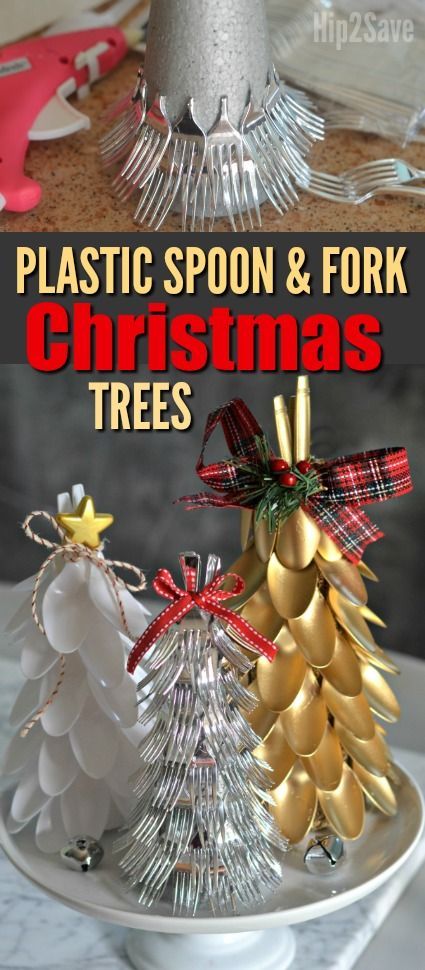 Plastic Spoon & Fork Christmas Trees (Easy Dollar Store Christmas Centerpiece Idea) – Hip2Save Spoon Christmas Tree Diy, Fork Christmas Tree, Plastic Spoon Christmas Tree, Recycled Christmas Tree Ideas, Recycle Christmas Decorations, Fork Painted Christmas Tree, Christmas Cutlery Holders Diy, Plastic Spoon Snowflake, Recycled Christmas Decor