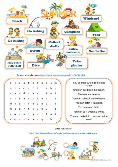 Summer pack - English ESL Worksheets for distance learning and physical classrooms Summer Esl Activities For Kids, Summer Time Worksheets, Summer Camp Worksheets, Summer English Worksheet, Summer Vocabulary For Kids, Holiday Worksheets For Kids, Summer Holidays Worksheet, Vacation Activities For Kids, Summer Worksheets For Kids