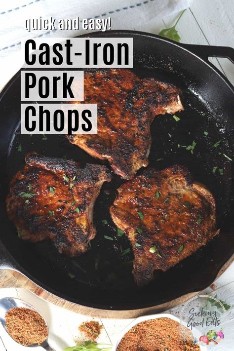 Cast iron pork chops are smoky sweet and pan-seared to perfection in your cast iron skillet! These fried pork chops take less than 8 minutes to cook making them the perfect weeknight dinner idea. You'll love these skillet pork chops! Pork Chops In A Cast Iron Skillet, Bone In Pork Chops Cast Iron Skillet, Pork Chops In Cast Iron Skillet, Thick Pork Chops In Cast Iron Skillet, Pork Chops Cast Iron Skillet, Iron Skillet Pork Chops, Cast Iron Pork Chops, Skillet Pork Chops, Smoked Pork Chops