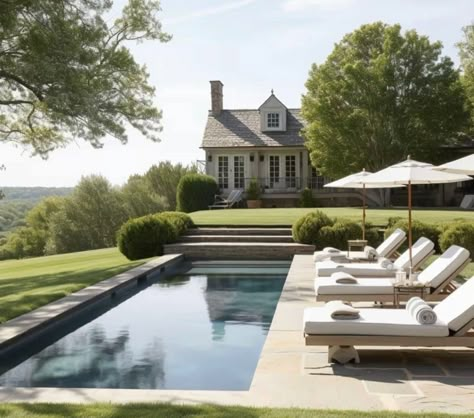 Pool Hardscape, White Picket Fence Ideas, Picket Fence Ideas, Country Pool, House In The Hamptons, Fence Designs, Amazing Homes, White Picket Fence, Backyard Pool Designs