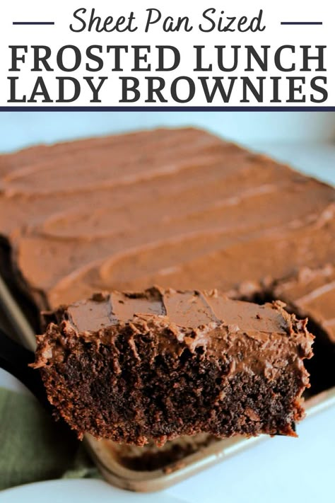 Make a giant sheet pan filled with frosted lunch lady brownies for a chocolaty treat big enough to feed a crowd. They are easy to make the chocolate icing takes them to the next level of delicious. Cookies For A Crowd Sheet Pan, School Brownies With Icing, Brownies For A Bunch, Sheet Cake Brownies With Frosting, Half Sheet Brownies, Easy Sheet Pan Bars, Bar Cookie Recipes For A Crowd Sheet Pan, Lunch Lady Sheet Cake, Big Batch Brownies Sheet Pan