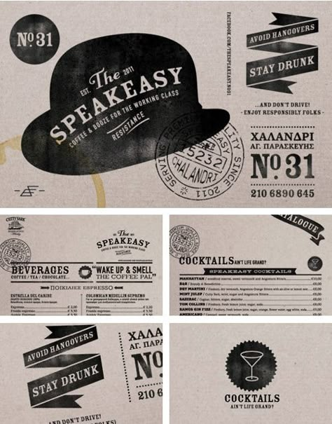 The Speakeasy Branding Menue Design, Typography Graphic, Restaurant Branding, Corporate Design, Menu Design, Graphic Design Branding, Identity Logo, Design Graphique, Graphic Design Typography