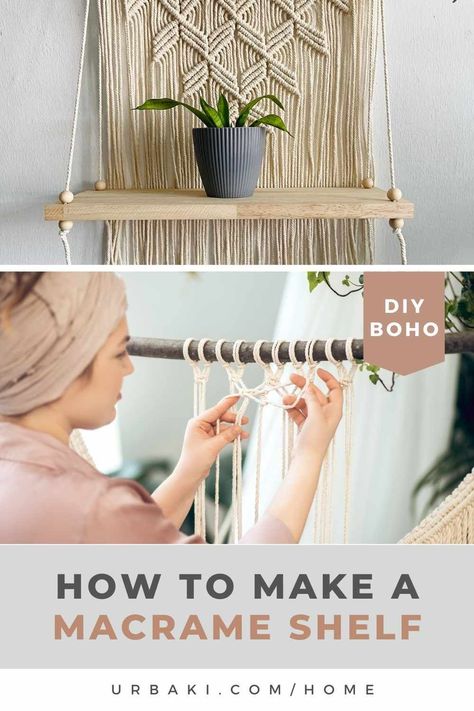 Macrame has become a popular craft in recent years, with people using this knot-tying technique to create a wide range of decorative items. One item that has become particularly trendy is the macrame shelf. These shelves offer a unique and bohemian touch to any room, and they're surprisingly easy to make. In this article, we'll provide a step-by-step guide on how to make a macrame shelf for your home. Materials Needed: -Wooden board (can be any size you want) -Jute cord... Macrame Wall Hanging Shelf Pattern, Macrame Shelf Patterns Free, Popular Macrame Items, Macrame Craft Room Ideas, Macrame Shelves Diy, Macrame Shelf Hanging Shelves, Macrame Shelf Tutorial, Unique Macrame Ideas, Macrame Shelf Diy