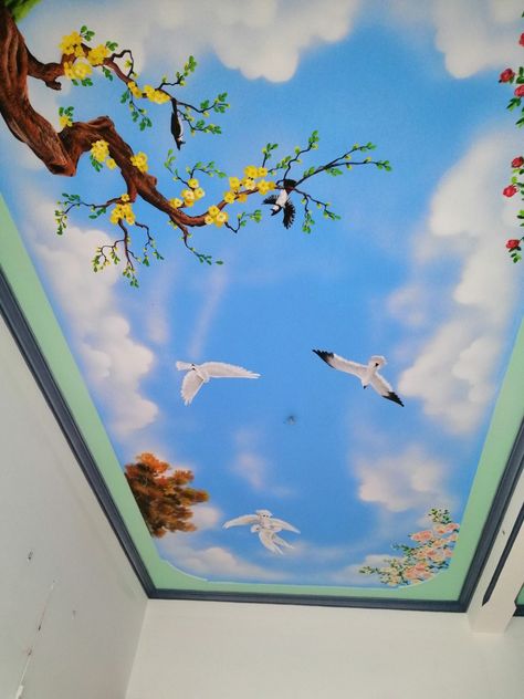 Ceiling Flower Design Painting, Roof Painting Ideas Ceilings, Bathroom Ceilings, Bed Wallpaper, Wall Painting Ideas Creative, 3d Art Painting, Room Wallpaper Designs, 3d Wall Painting, Eagle Painting