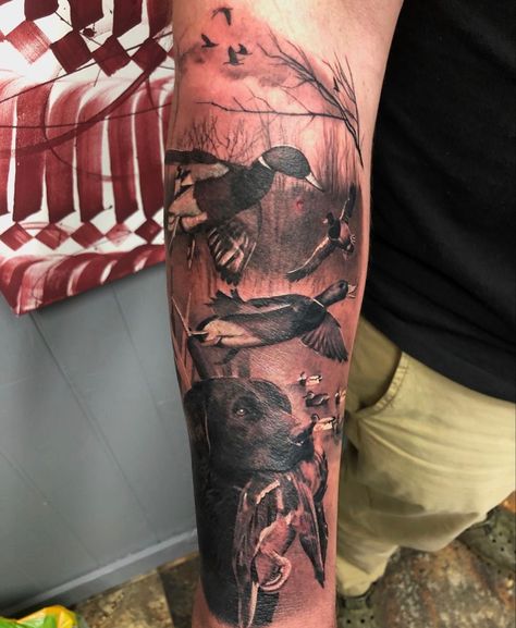 Hunting Tattoos For Guys Sleeve, Deer And Duck Tattoo, Mens Western Sleeve Tattoo, Antler Sleeve Tattoo, Waterfowl Tattoo Sleeve, Mechanic Sleeve Tattoo, Fishing Hunting Tattoo, Bird Hunting Tattoos, Country Arm Sleeve Tattoo