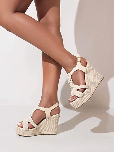 Braided trim adds a subtle, earthy element to a versatile platform wedge sandal complete with a ankle strap Casual Summer Shoes, High Heel Wedges Platform, Casual Summer Sandals, Visor Sunglasses, Strappy Platform Sandals, Beige Heels, Sandals Casual, Platform Espadrilles, High Heel Wedges