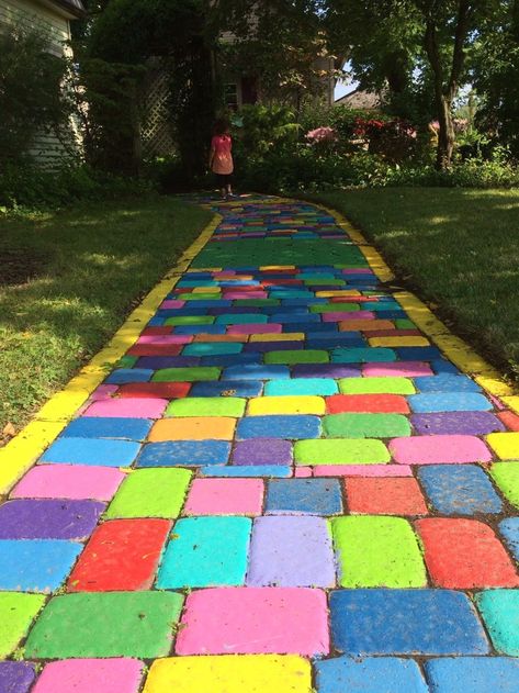 Follow the rainbow brick road :) | Sidewalk chalk art ... #garden #gardendecorations #gardenideas Rainbow Garden Ideas, Outdoor Restaurant Design, Rainbow Road, Sidewalk Chalk Art, Kindergarten Design, Rock Garden Design, Art Pierre, Sensory Garden, Lawn Art