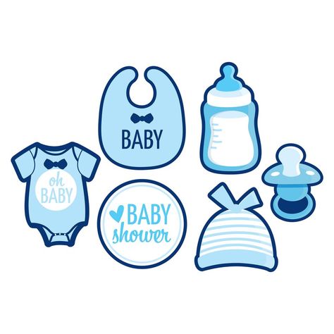 These adorable blue baby shower decorations give your shower or gender reveal party a trendy retro vibe. The set features cardboard cutouts in the shapes of things you're about to get very used to! -- a bottle, a pacifier, a bib, and more. Coordinate your bouncing blue party décor with balloons and streamers from our site to create the ultimate anticipation celebration. Cardstock. (6 pcs. per set) 11" - 16" x 14" - 19" © OTC Baby Shower Cutouts, Shower Cutouts, Baby Shower Props, Blue Baby Shower Decorations, Balloons And Streamers, Baby Boy Cupcakes, Baby Decals, Roblox Cake, Cupcakes For Boys