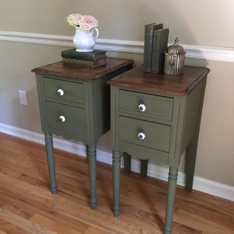 Sage Side Table, Olive Green Side Table, Olive Green Cupboards Bedroom, Sage Green End Table, Olive Green Furniture Paint, Olive Painted Furniture, Olive Green Nightstand Bedroom, Dark Green Side Table, Olive Green Bedside Table