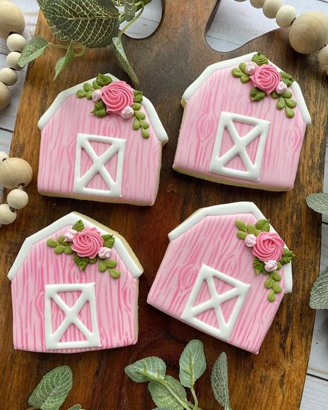 Burley Girl Bakery on Instagram: "Cute pink barns to house the cute farm animals!!" Pink Tractor, Cute Farm Animals, Tractor Birthday Party, Farm Cookies, Farm Baby Shower, Farm Cake, Tractor Birthday, Shower Cookies, Farm Baby