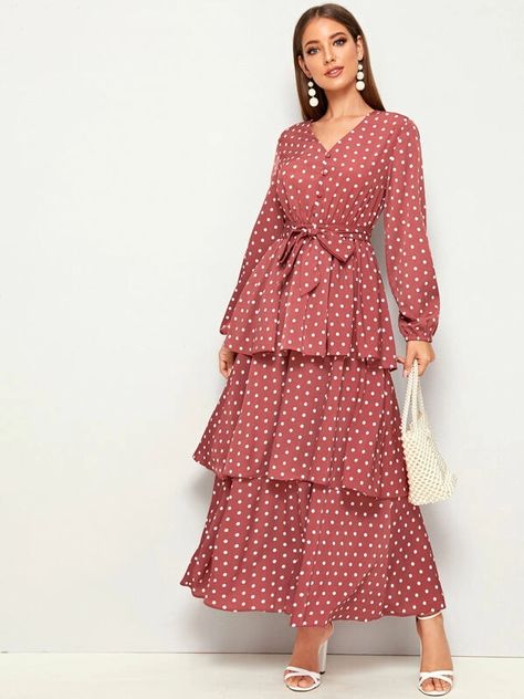 Polka Dot Tiered Layer Belted Dress | SHEIN USA Porcelain Print Dress, Tiered Dresses, Muslim Fashion Dress, Muslim Fashion Outfits, Muslimah Fashion Outfits, Fancy Dress Design, Tea Length Dresses, Polka Dress, Abayas Fashion