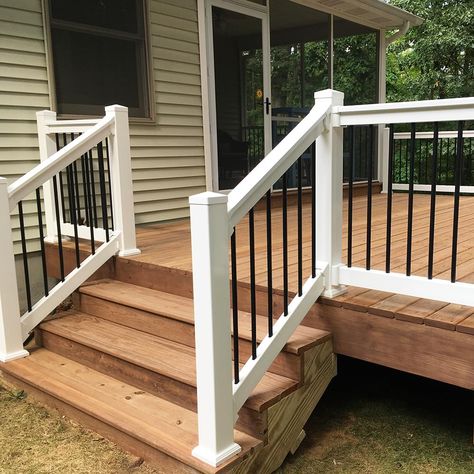 Vinyl Fencing & Vinyl Railing | Aluminum | Weatherables Aluminum Porch Railing Ideas, White Aluminum Deck Railing, Deck And Railing Ideas, Decks With White Railings, Wood Deck With Vinyl Railing, Vinyl Railings On Deck, Vinyl Railing Front Porches, Front Deck Ideas Entrance, Aluminum Porch Railing