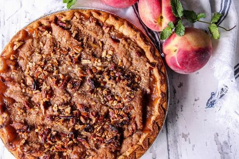 Peach Crumble Pie #justapinchrecipes Fresh Peach Pie Recipes, Peach Crumble Pie, Fresh Peach Pie, Fresh Fruit Desserts, Citrus Desserts, Peach Pie Recipes, Crumble Pie, Cinnamon Crumble, Peach Crumble