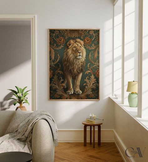 Lion Decor, Large Wall Art Canvas, William Morris Inspired, Lion Gifts, Home Decor Painting, Lion Wall Art, Gift Poster, Large Canvas Wall Art, Lion Art