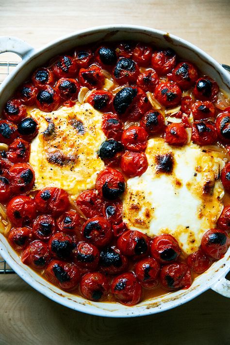 This baked feta with cherry tomatoes is one of the simplest, tastiest dishes ever. Lots of crusty bread for dipping is a must! #vegetarian #sidedish #appetizers Feta Tomato Bake, Baked Feta With Cherry Tomatoes, Baked Feta Appetizer, Feta Appetizer, Bread For Dipping, Tomato Bake, Feta Tomato, Chicken Souvlaki, Baked Feta