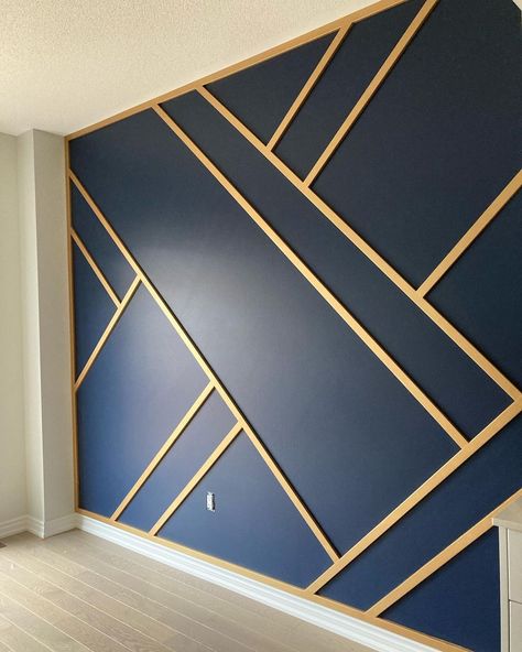 Gold on Blue geometric accent wall for a dining room. Soft gold by @rustoleum @rustoleumca Deep Royal by @benjaminmoore #renovation… | Instagram Blue White Gold Kitchen Backsplash, Blue And Gold Accent Wall, Royal Blue Accent Wall, Gatsby Interior, Gatsby Interior Design, Geometric Accent Wall, Cream Dining Room, Small Home Office Furniture, Blue And Gold Bedroom