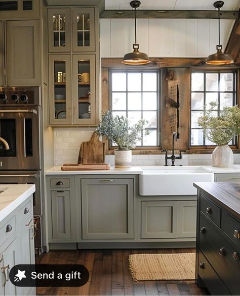 Farmhouse Kitchen Two Tone, Gray Kitchen Cabinets With Wood Counter, Gray White Wood Kitchen, Kitchen Cabinets Along One Wall, Grey Cottage Kitchen, Non White Farmhouse Kitchen, Light Wash Cabinets, Full Cabinet Kitchen, Cottage Farmhouse Kitchen Ideas