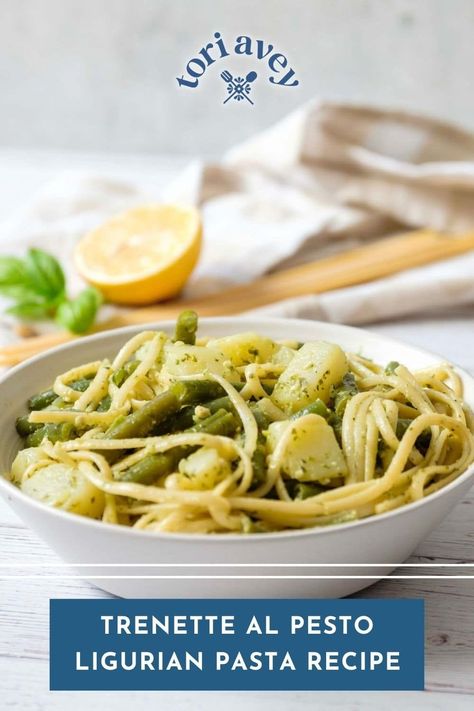 Trenette al Pesto - learn to make authentic Ligurian-style trenette pasta with pesto, potatoes and green beans. This easy and delicious meatless dish is perfect for a weeknight and Shavuot!. | ToriAvey.com Trenette Al Pesto, Pesto Pasta Dishes, Italian Pasta Recipes Authentic, Italian Pasta Recipe, Pasta With Pesto, Authentic Italian Pasta, Dairy Free Pesto, Kosher Kitchen, Pesto Potatoes