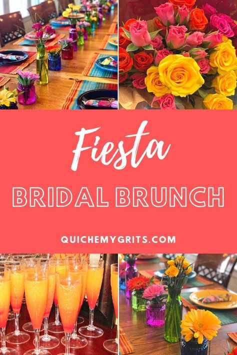 Host a Fiesta Bridal Brunch!  The colors will get the party started and the food will definitely wow your guests!  #fiesta #bridalbrunch #bridalshower #bridal #wedding #bridesmaids #bride | QuicheMyGrits.com Elegant Fiesta Bridal Shower Ideas, Mexico Theme Bridal Shower Ideas, Mexican Food Bridal Shower Ideas, Fiesta Theme Bridal Shower Decor, Taco And Margarita Bridal Party, Mexican Themed Bridal Shower Ideas Taco Bar, Wedding Fiesta Theme, Fiesta Rehearsal Dinner Decorations, Last Fiesta Bridal Party