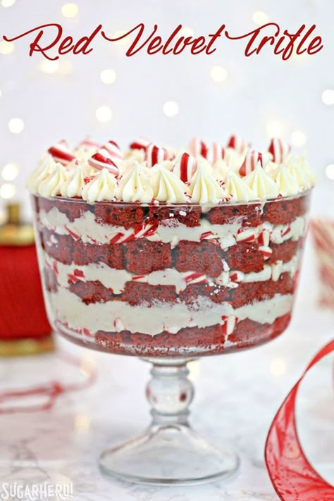 Red Velvet Trifle Recipe | Holiday Trifle Recipes Red Velvet Trifle, Christmas Trifle Recipes, Trifle Recipes Easy, Easy Trifle, Trifle Bowl Recipes, Cake Trifle, Holiday Party Desserts, Trifle Dessert Recipes, Christmas Trifle