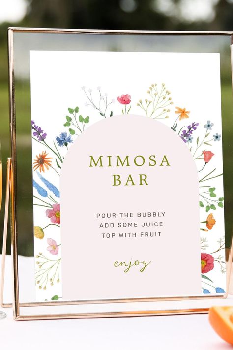 Colorful Wildflower Bridal Shower Mimosa Bar Sign Bridal Shower Mimosa Bar, Bridal Shower Mimosa, Wildflower Bridal Shower, Garden Bridal Showers, Mimosa Bar Sign, Mimosa Bar, Shower Supplies, Bar Sign, Shower Design