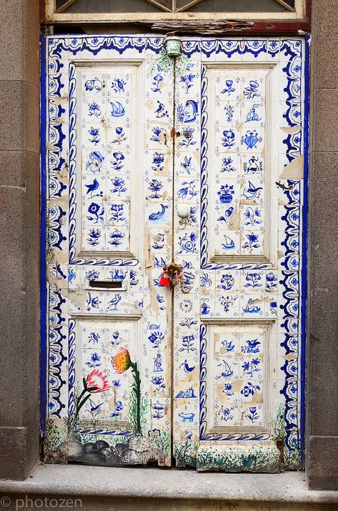 Tile and Painted Door in Old Town Funchal, Madeira Islands, Portugal - photo by photozen48, via Flickr When One Door Closes, Gorgeous Doors, Door Art, Porte Cochere, Door Entryway, Cool Doors, Funchal, Old Door, Blue Door