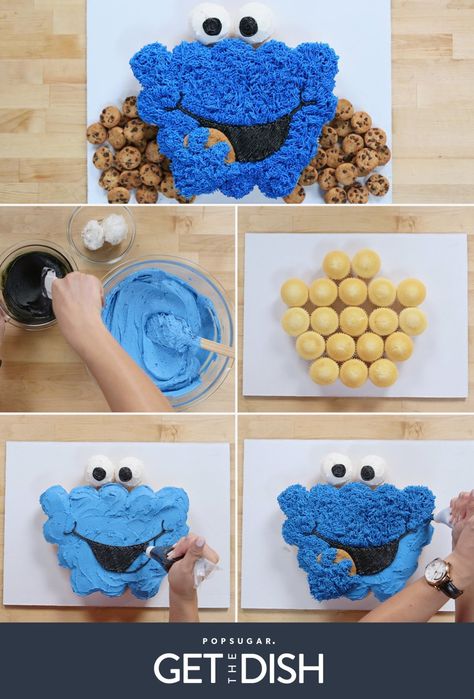 This Cookie Monster cake is about to be your new party go-to. Not only is it adorable, but it's actually made up of cupcakes smothered in frosting. When someone wants a piece, they can just grab Simple Cupcake Designs, Cupcake Cake Ideas, Cookie Monster Cakes, Cotton Candy Cakes, Cookie Monster Cupcakes, Cookie Monster Cake, Pull Apart Cupcake Cake, Pull Apart Cake, Mini Chocolate Chip Cookies