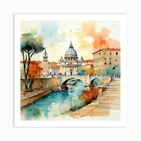 Watercolor Of Rome Art Print by Aise06 - Fy Rome Painting, Rome Art Print, Steven Brown Art, Venice Art, Rome Art, Italy Art Print, Watercolor Art Landscape, Bull Art, Italy Painting