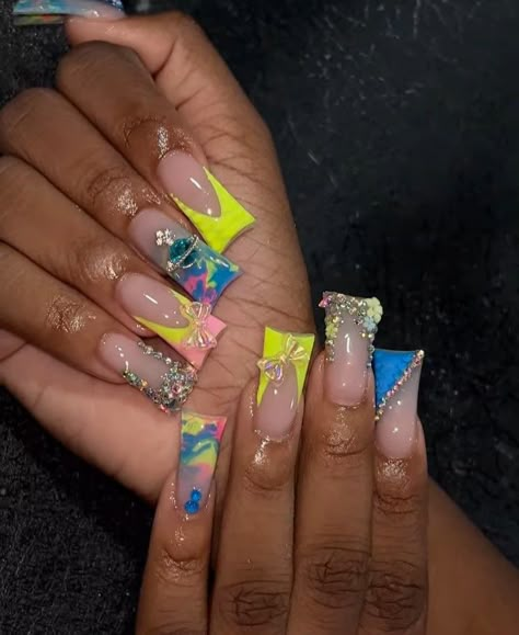 Spring Duck Nails, Rainbow Duck Nails, Duck Nails Design, Duck Nail Designs, Duck Nails Short, Unique Acrylic Nail Designs, Punk Nails, Long Acrylic Nail Designs, Duck Nails