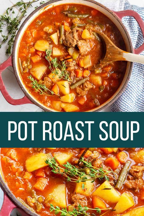 This easy pot roast soup recipe is a healthy way to use up any roast beef dinner leftovers in a clean eating diet. Full of vegetables and healthy ingredients you're going to love it.  #potroast #roastbeef #souprecipes Stew From Leftover Roast, Potroast Leftovers Ideas, Leftover Pot Roast Soup Recipes, Chuck Roast Vegetable Soup, Leftover Beef Roast Soup, Leftover Beef Soup Recipes, Soups With Roast Beef, Leftover Pot Roast Soup, Vegetable Beef Soup With Leftover Roast