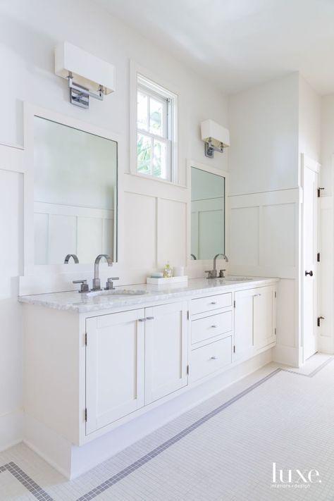 Completely White Master Bathroom with Twin Mirrors and Windows White Bathrooms, Luxe Magazine, Tile Roof, Contemporary Art Deco, Stucco Walls, Bath Cabinets, Architecture Home, Slate Tile, Luxe Interiors