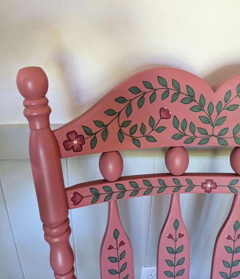 Bold pink rocking chair with tons of hand painted details. ❤️ #handpaintedrockingchair #paintedrockingchair #rockingchair #handpainted #handpaintedfurniture #colorfulhome #colorfulinterior #interiordesign #folkart #boho #bohostyle #bohodecor #botanicalart #botanical #uniqueinteriors #fusionmineralpaint #handpainteddecor #smithfieldva #virginiaartist #upcyclefurniture #upcycle Painted Flower Furniture, Scandi Painted Furniture, Nordic Painted Furniture, Hand Painted Folk Art Furniture, Folk Art Painted Chair, Scandinavian Painted Furniture Folk Art, Hand Painted Vanity, Folk Art On Furniture, Hand Painted Shelf