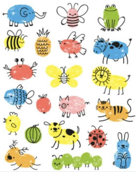 Finger Print Doodles, Kid Fingerprint Art, Finger Print Animals, Fingerpaint Kids Ideas, Thumb Print Drawing, Fingerprint Painting Ideas, Fingerprint Pictures, Fingerprint Animals, Fingerprint Art Kids