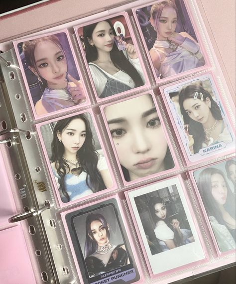 Kpop Pc Collection, Karina Photocard, Photo Card Binder, Kpop Binder, Photocard Collection, Kpop Deco, Pc Photo, Pink Desk, Pop Albums