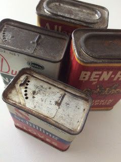 Pie Tins Repurposed, Old Spice Tins Repurposed, Vintage Tins Repurposed, Halloween Spice Tins, Spice Can Crafts, Tea Tins Repurposed, Cookie Tins Repurposed, Vintage Spice Tins, Vintage Tea Tins