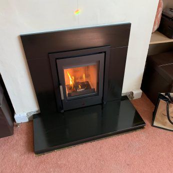 Insert Stove Surround Ideas, Insert Stove, Stove Ideas, Modern Wood Burning Stoves, Inset Stoves, House Extension, Feature Walls, Black Tiles, Fireplace Ideas