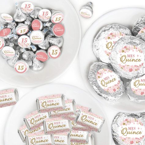 PRICES MAY VARY. Mis Quince Anos Favor Kit: Candy Stickers INCLUDES: 2 sheets mini candy bar wrappers (total 40), 2 sheets round candy stickers (total 216), 2 sheets circle stickers (total 48). This 304-piece kit is perfect for styling a full candy buffet or use as unique party favors. Mis Quince Anos Favor Kit: Candy Stickers MEASURE: Mini Candy Bar Wrappers size 1.25 inches wide x 2.75 inches high and fit Hershey’s Miniatures candy bars. Round Candy Stickers, size .75 inches diameter and fit o 15 Birthday Party, Sweet 15 Birthday, Quinceanera Party Favors, Sweet 15 Party Ideas Quinceanera, Sweet 15 Party Ideas, 15 Birthday, Candy Birthday Party, Candy Labels, Unique Party Favors