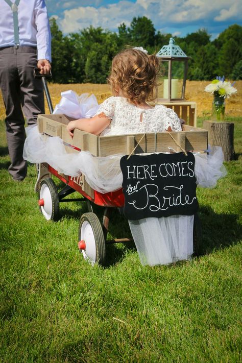 Flower girl wagon | here comes the bride sign | summer wedding Wagon In Wedding, Wedding Wagon Decorations, Wedding Wagons, Wedding Wagons For Flower Girl, Wedding Wagon, Ring Bearer Wagon, Flower Girl Wagon, Wagon For Wedding, Baby Flower Girl