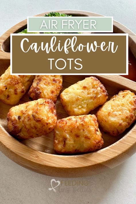 These cauliflower veggie tots have a slight crisp on the outside and are soft and fluffy-textured on the inside. They can be made in the air fryer or the oven, are freezer-friendly, and are great for a quick lunch or dinner! Cauliflower Tater Tots, Air Fryer Cauliflower, Cauliflower Tots, Paleo Cauliflower, Cauliflower Fritters, Tator Tots, Fresh Snacks, Fritter Recipes, Tater Tots