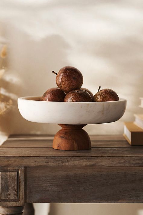 Crafted with a sleek marble bowl and sleek wood base, this footed serving bowl is a modern addition to the tabletop. | Marble + Acacia Wood Footed Serving Bowl at Terrain Serving Bowls Ceramic, Driftwood Chandelier, Marble Bowl, Round Serving Tray, Wood Plant Stand, Modern Addition, The Marble, Creative Living, Wood Bowls