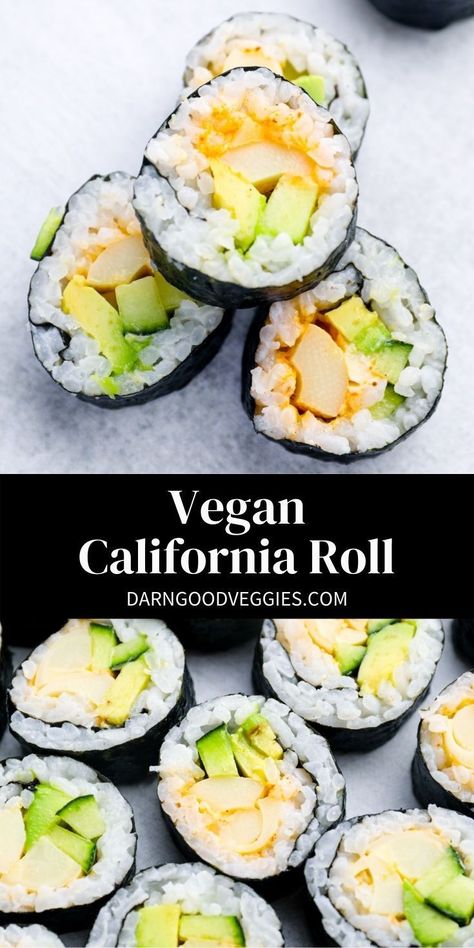 This Vegan California Roll recipe is seasoned with hearts of palm, which are the PERFECT crab stick substitute, and are paired with cucumber and avocado. This homemade sushi is easy, gluten free and packed full of veggies! California Roll Recipe, Tofu Sushi, Cooking Avocado, Veggie Sushi, Plant Based Recipes Dinner, Crab Stick, Hearts Of Palm, Vegan Sushi, California Roll